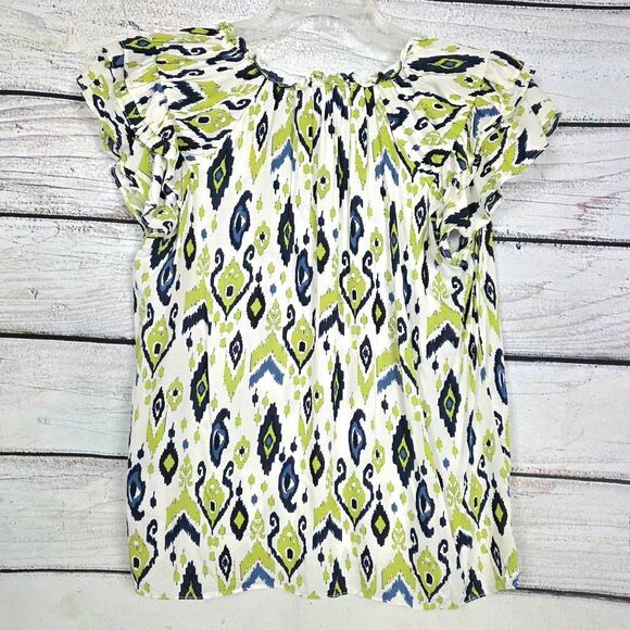 Rose + Olive Ikat Print Tassel Blouse Rayon M - Picture 7 of 8